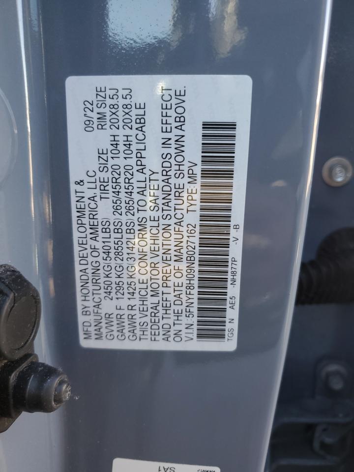 2022 HONDA PASSPORT ELITE VIN:5FNYF8H09NB027162