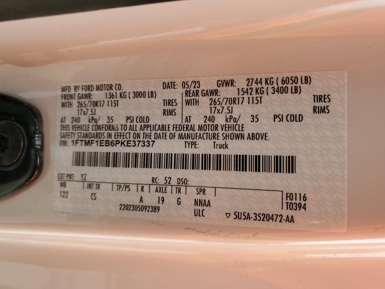 2023 FORD F150 VIN:1FTMF1EB6PKE37337
