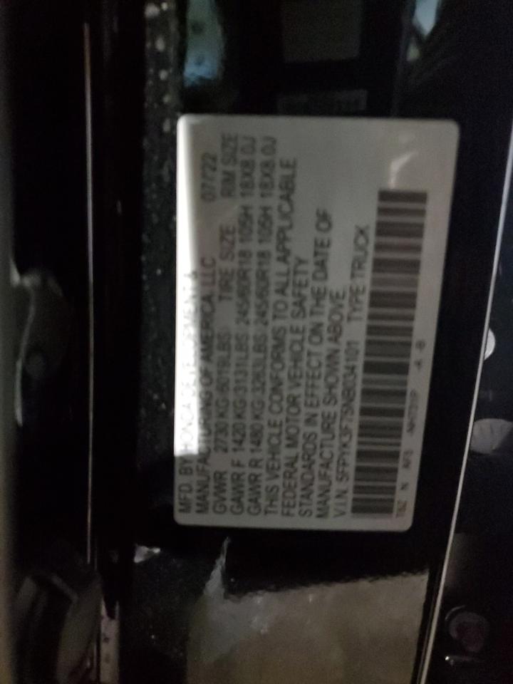 2022 HONDA RIDGELINE RTL VIN:5FPYK3F75NB034101
