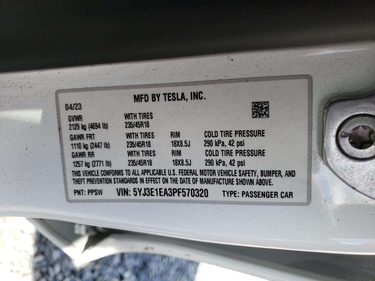 2023 TESLA MODEL 3 VIN:5YJ3E1EA3PF570320