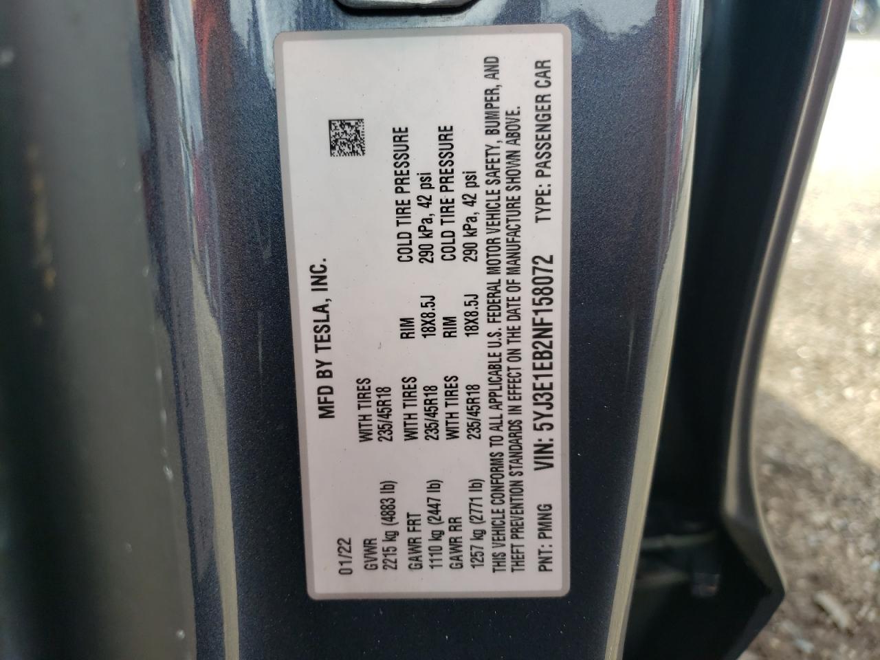 2022 TESLA MODEL 3 VIN:5YJ3E1EB2NF158072