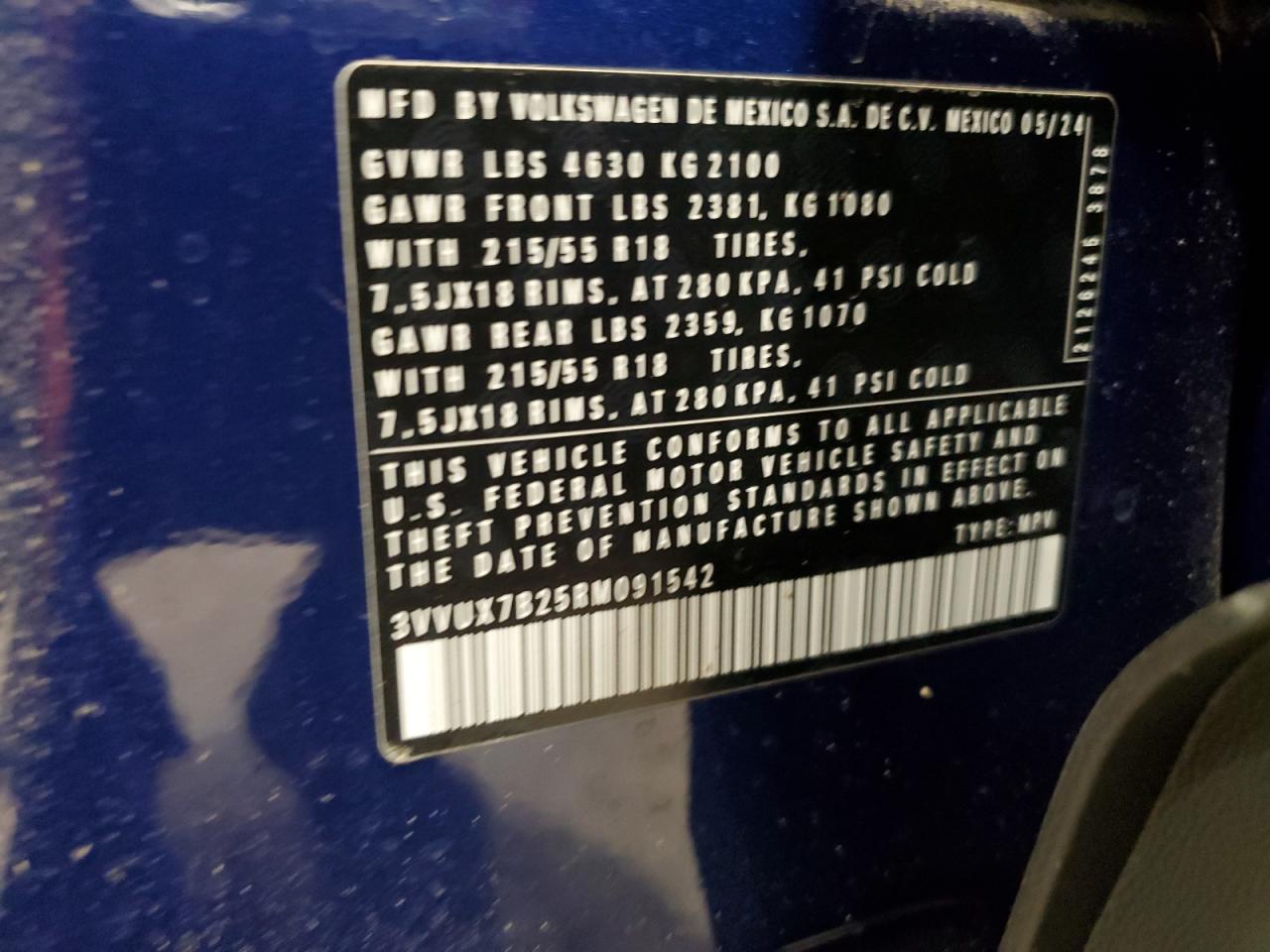 2024 VOLKSWAGEN TAOS SE VIN:3VVUX7B25RM091542