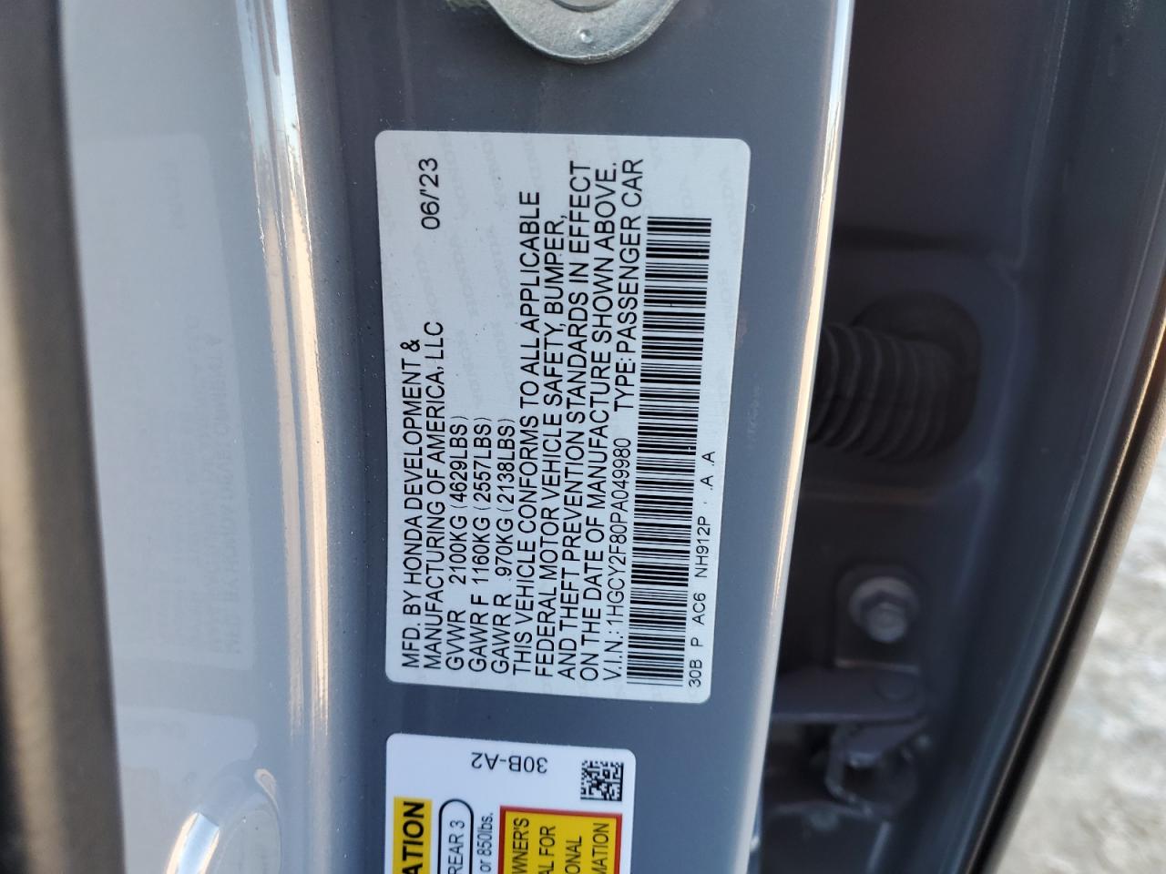 2023 HONDA ACCORD TOURING HYBRID VIN:1HGCY2F80PA049980