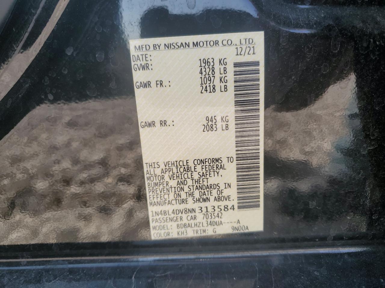2022 NISSAN ALTIMA SV VIN:1N4BL4DV8NN313584
