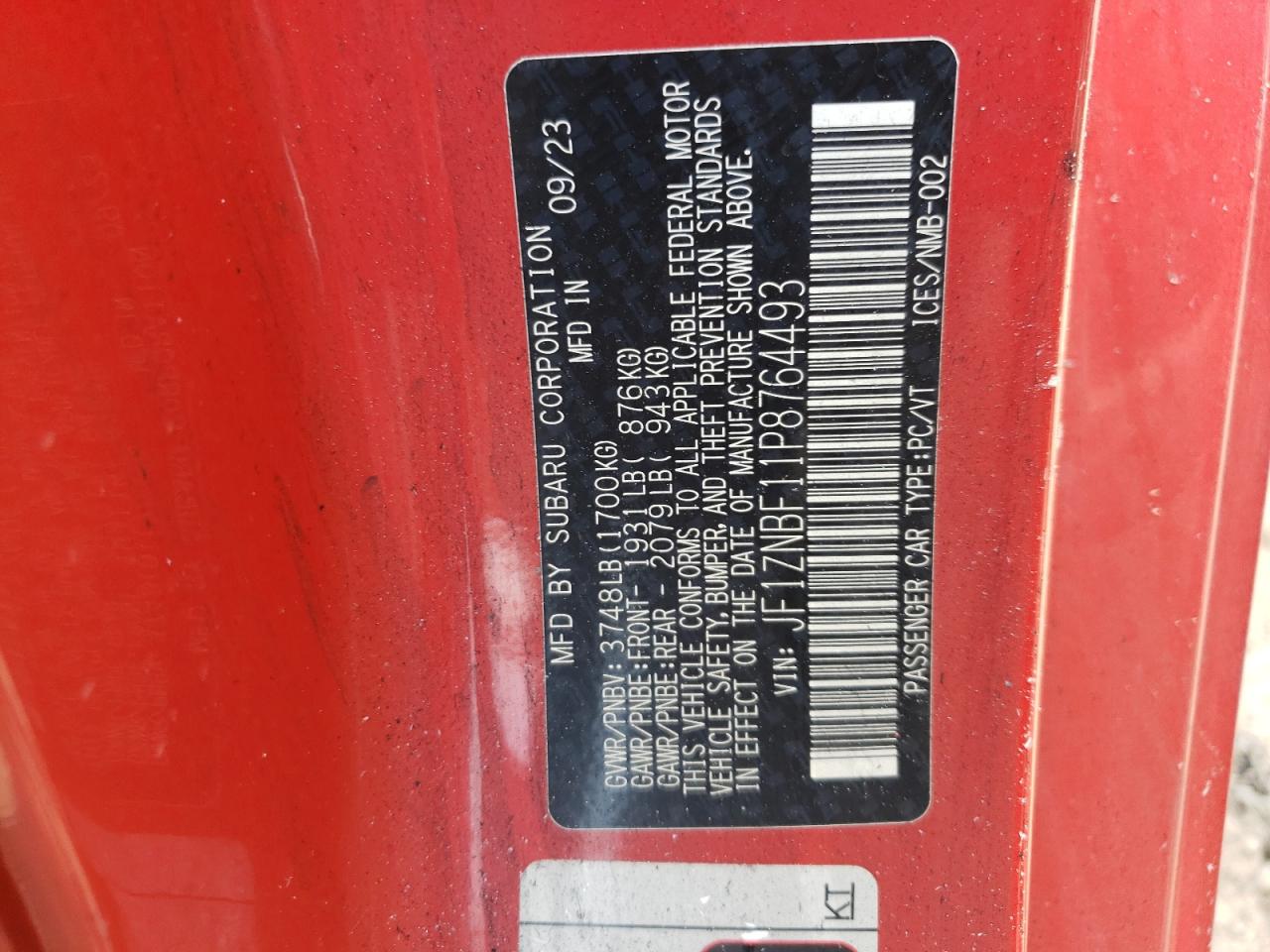 2023 TOYOTA GR 86 PREMIUM VIN:JF1ZNBF11P8764493