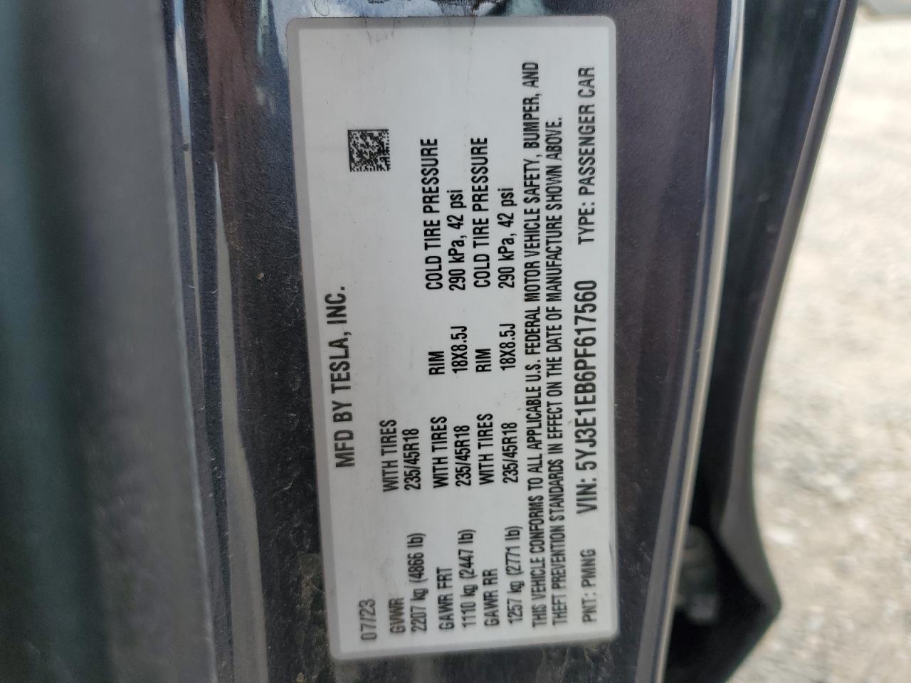 2023 TESLA MODEL 3 VIN:5YJ3E1EB6PF617560