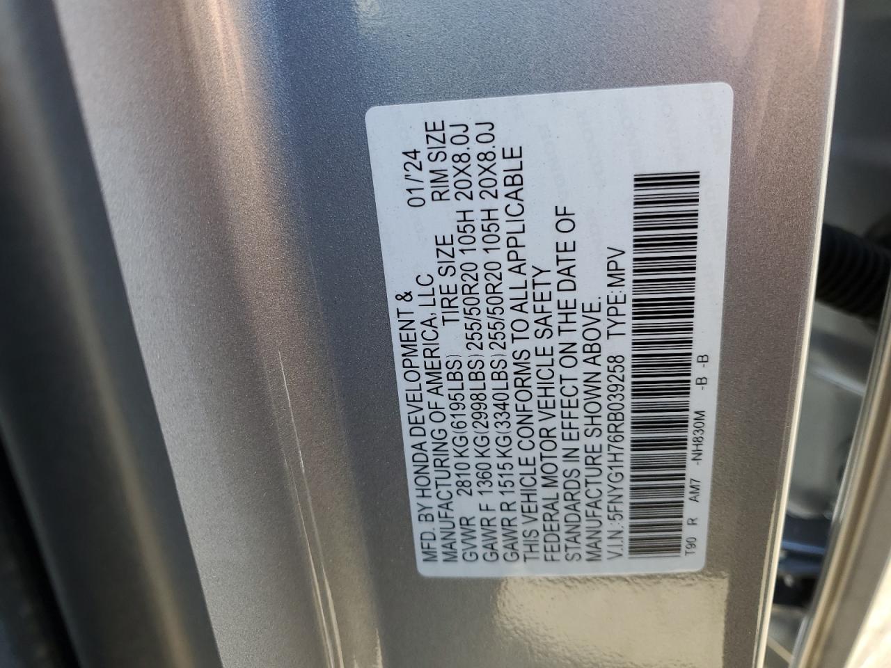 2024 HONDA PILOT TOURING VIN:5FNYG1H76RB039258