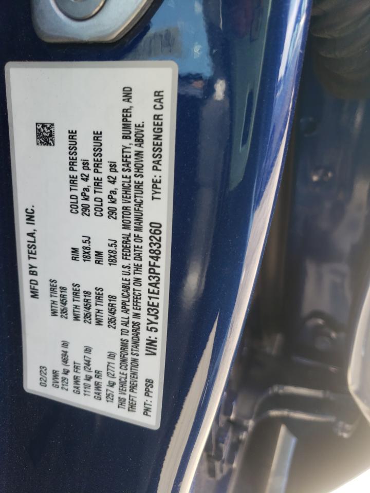 2023 TESLA MODEL 3 VIN:5YJ3E1EA3PF483260