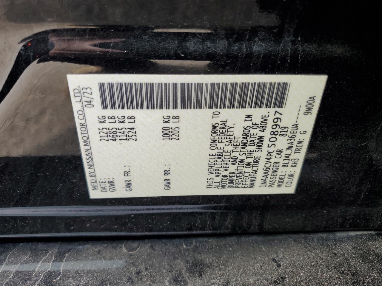 2023 NISSAN MAXIMA SV VIN:1N4AA6CV4PC508997