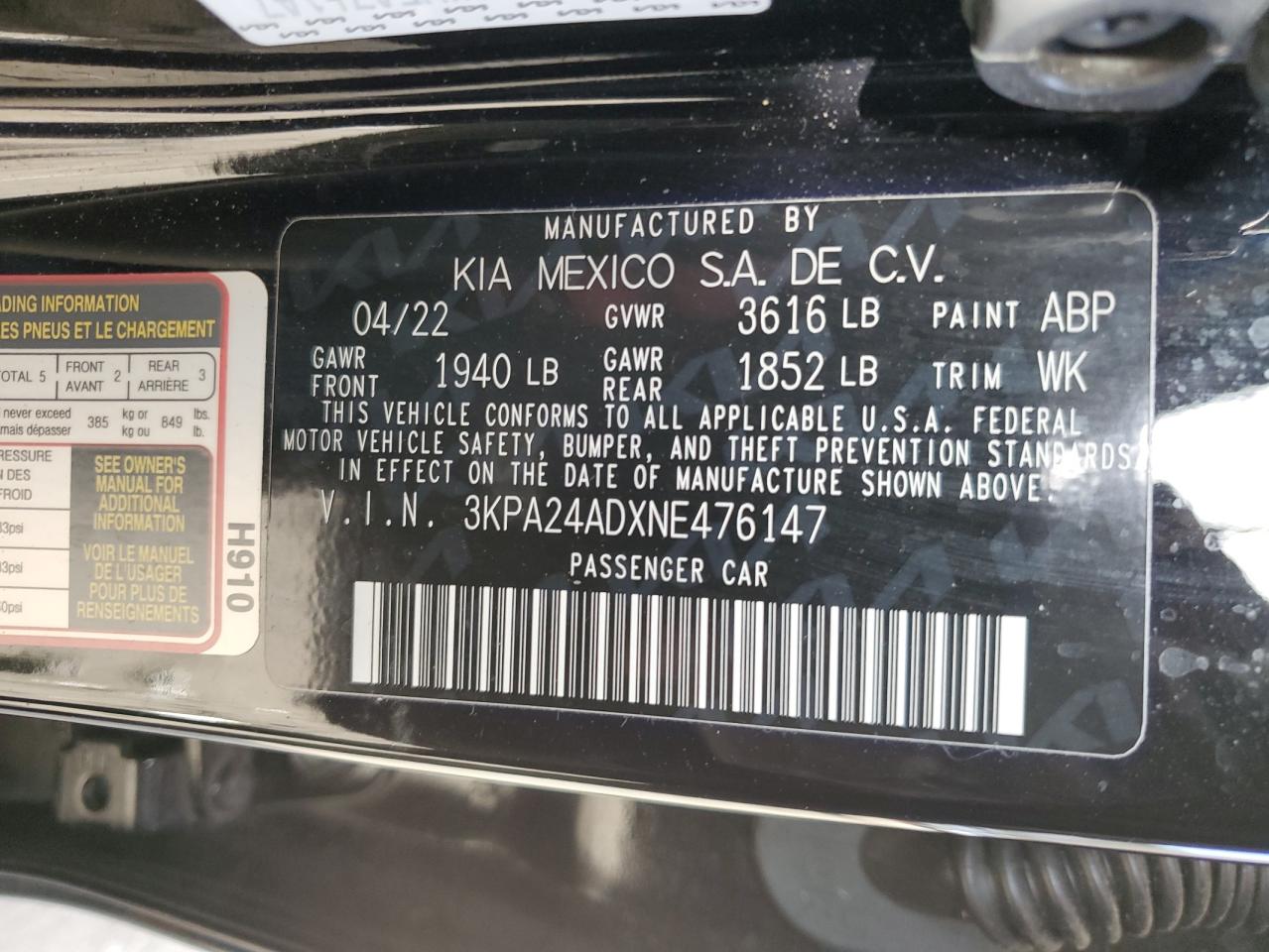2022 KIA RIO LX VIN:3KPA24ADXNE476147