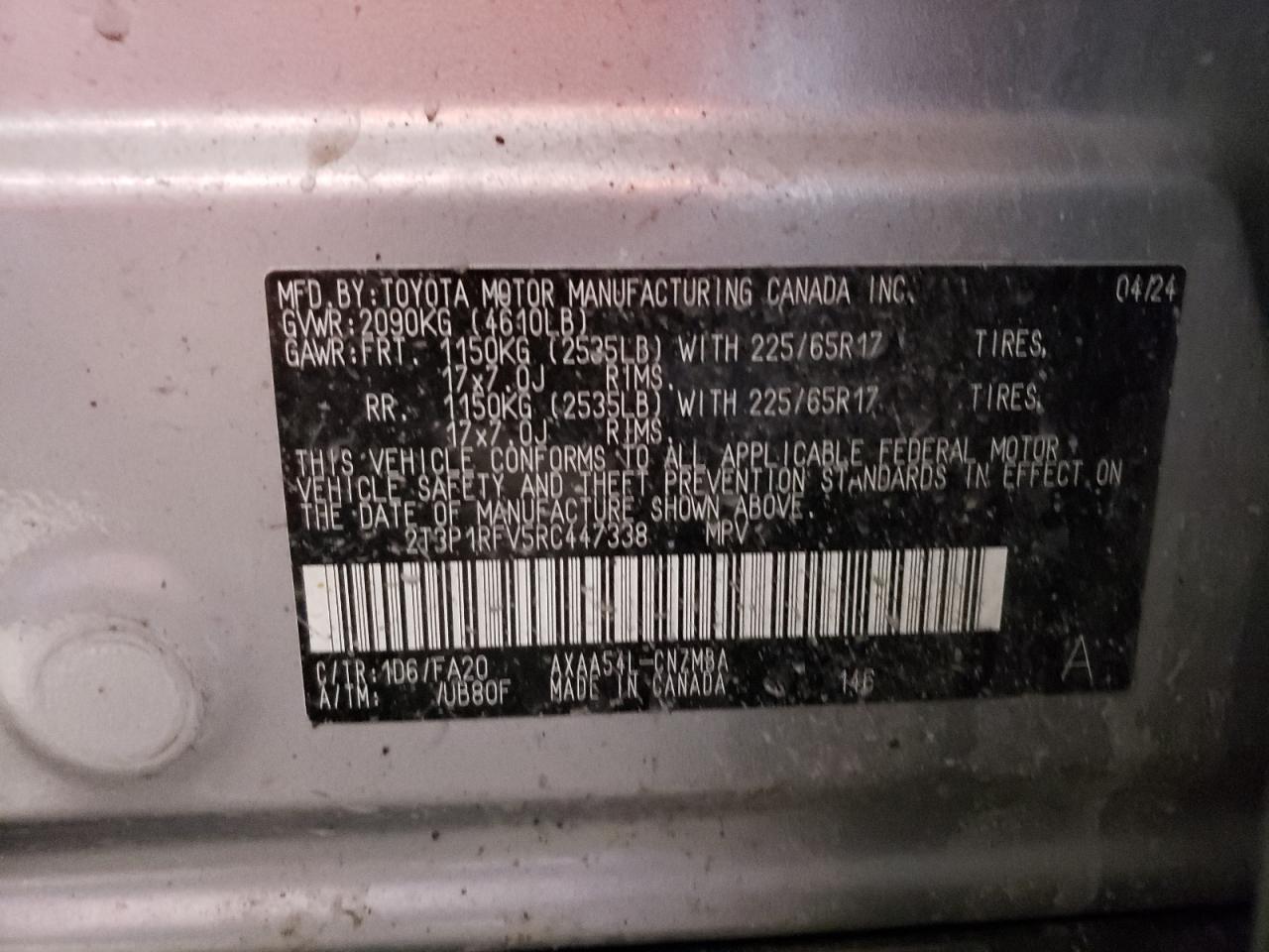 2024 TOYOTA RAV4 XLE VIN:2T3P1RFV5RC447338