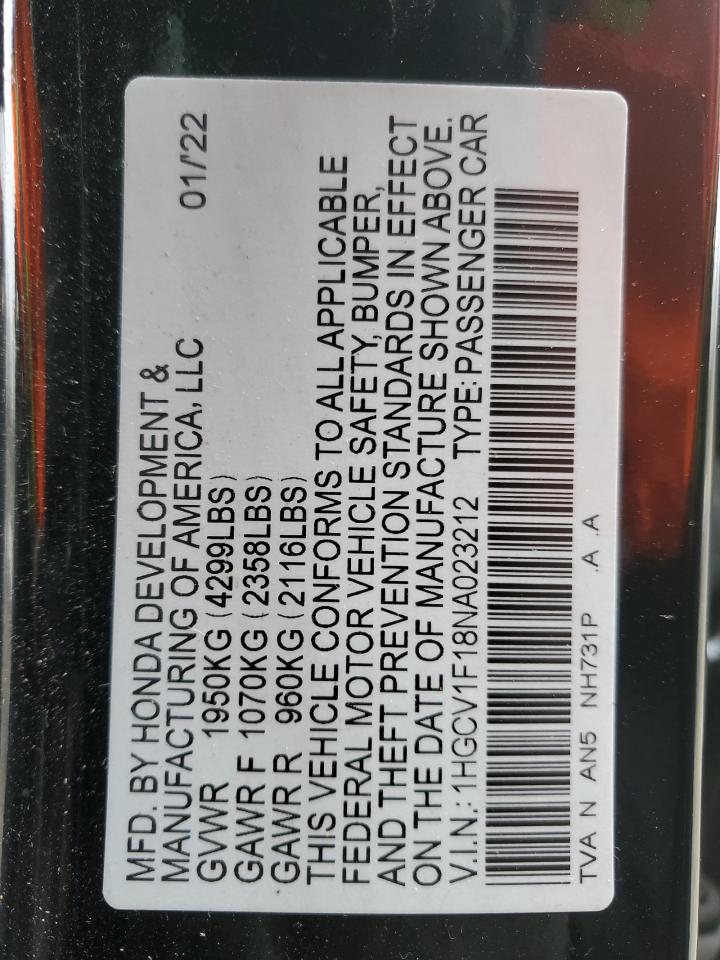 2022 HONDA ACCORD LX VIN:1HGCV1F18NA023212