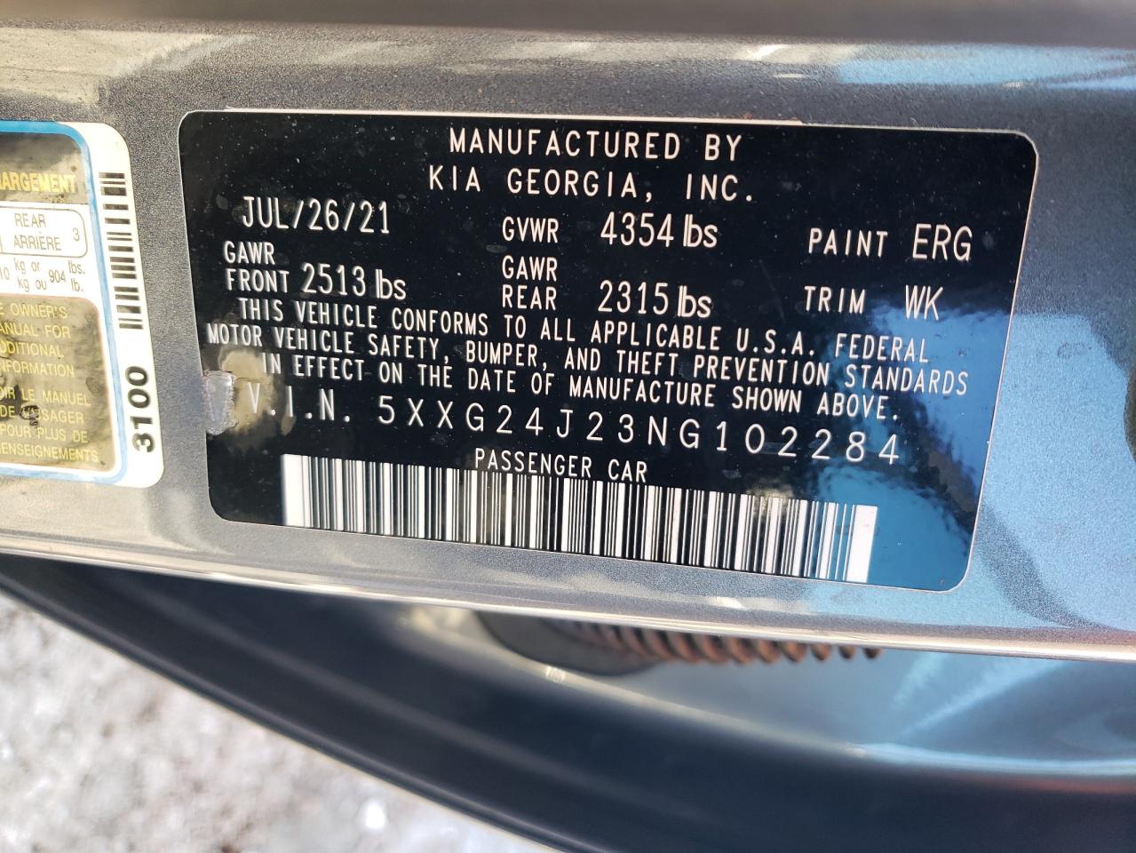 2022 KIA K5 LX VIN:5XXG24J23NG102284