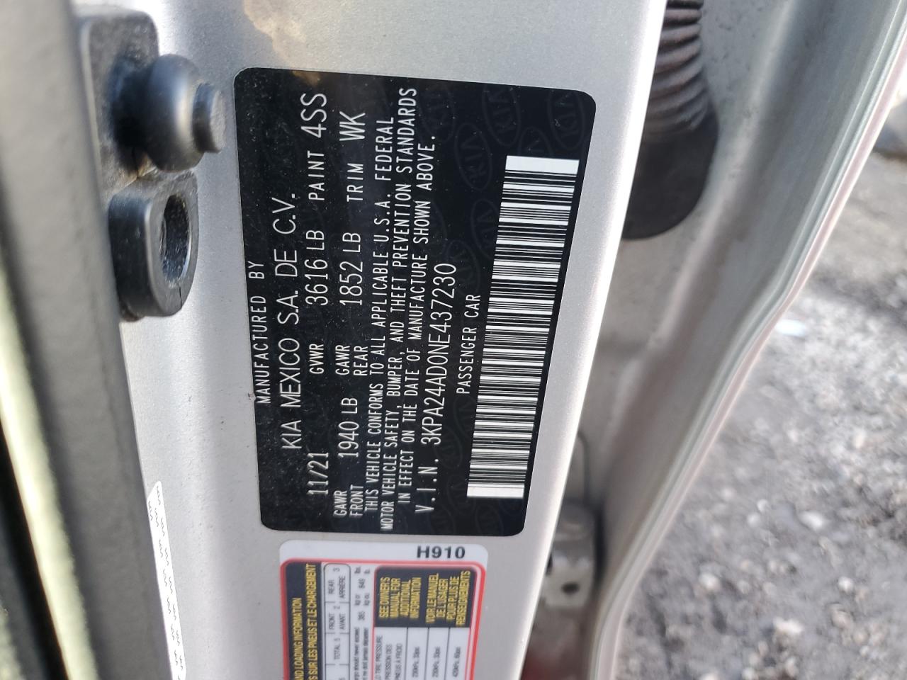2022 KIA RIO LX VIN:3KPA24AD0NE437230