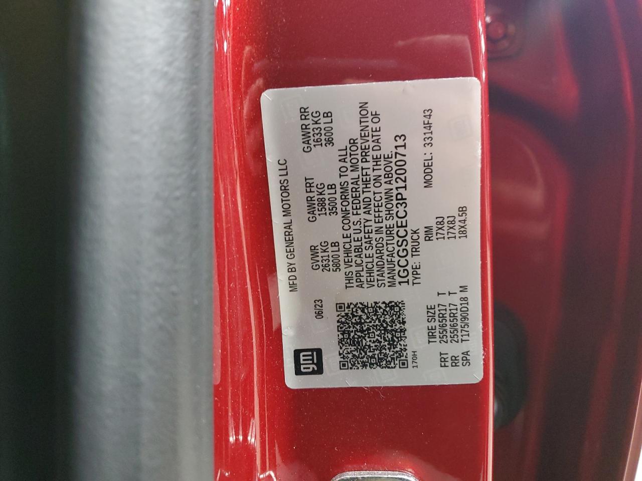 2023 CHEVROLET COLORADO LT VIN:1GCGSCEC3P1200713