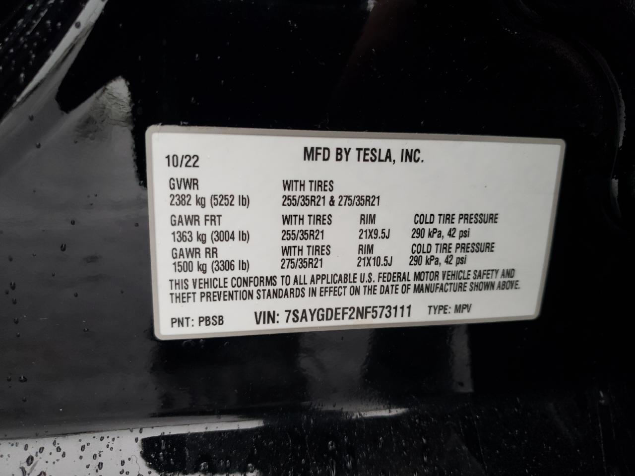 2022 TESLA MODEL Y VIN:7SAYGDEF2NF573111