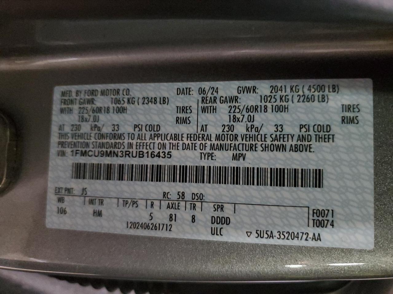 2024 FORD ESCAPE ST LINE VIN:1FMCU9MN3RUB16435