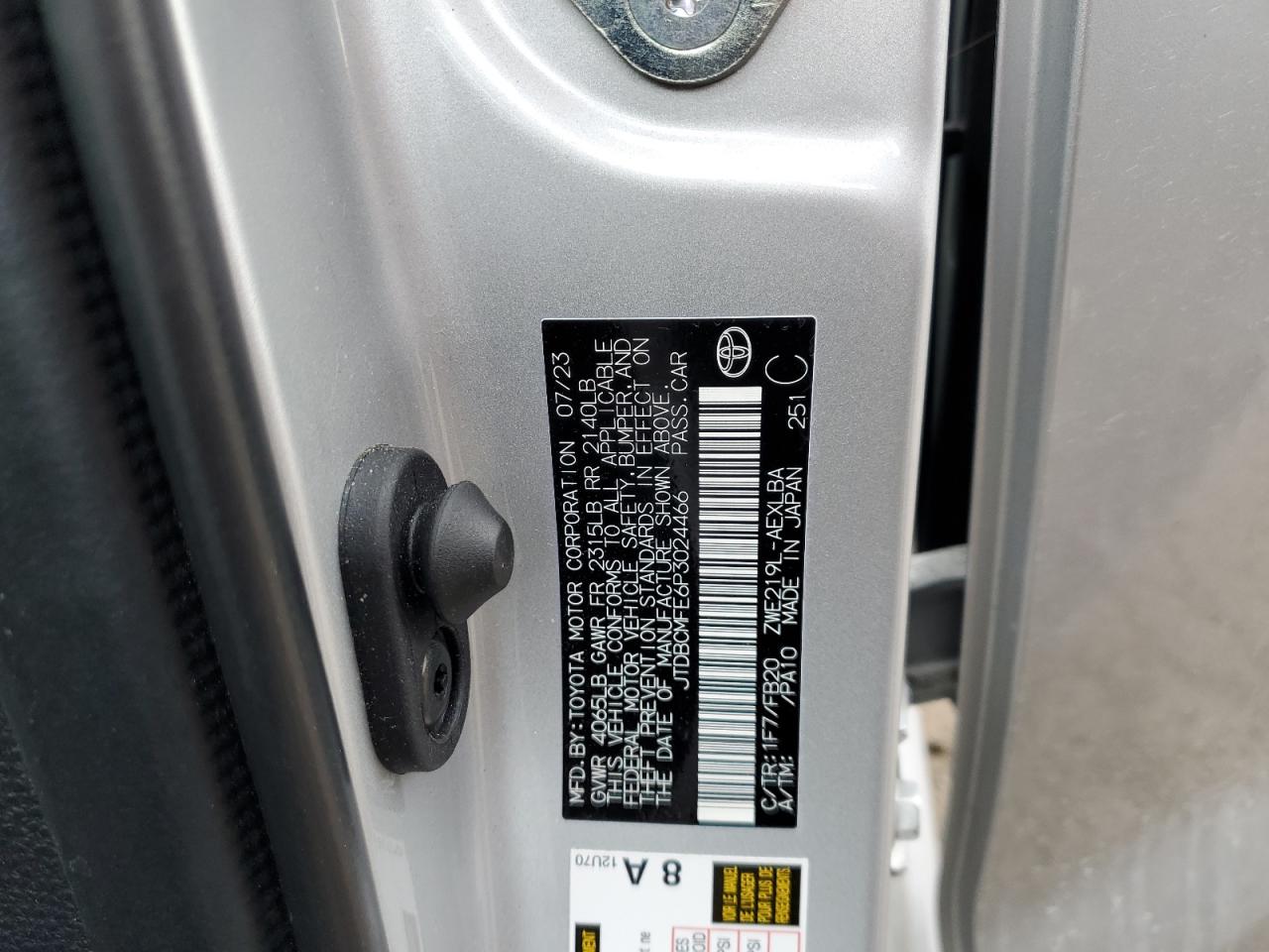 2023 TOYOTA COROLLA LE VIN:JTDBCMFE6P3024466