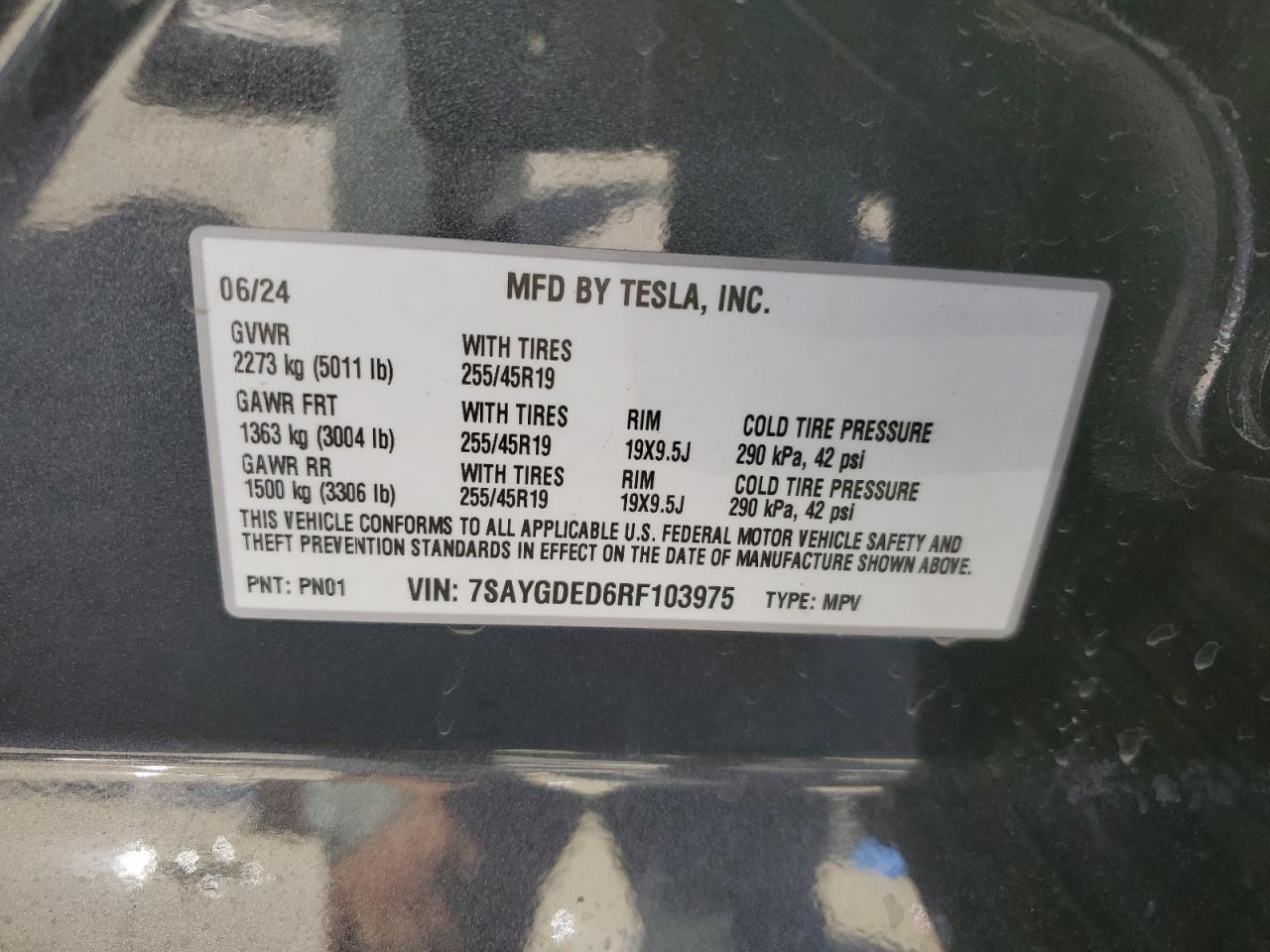 2024 TESLA MODEL Y VIN:7SAYGDED6RF103975