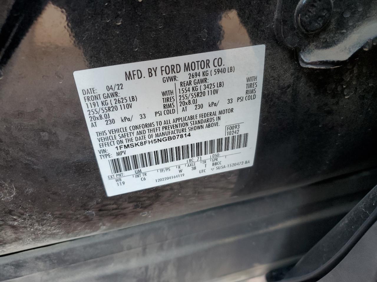 2022 FORD EXPLORER LIMITED VIN:1FMSK8FH5NGB07814