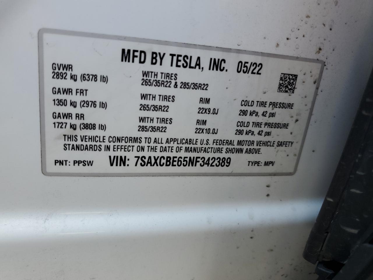 2022 TESLA MODEL X VIN:7SAXCBE65NF342389