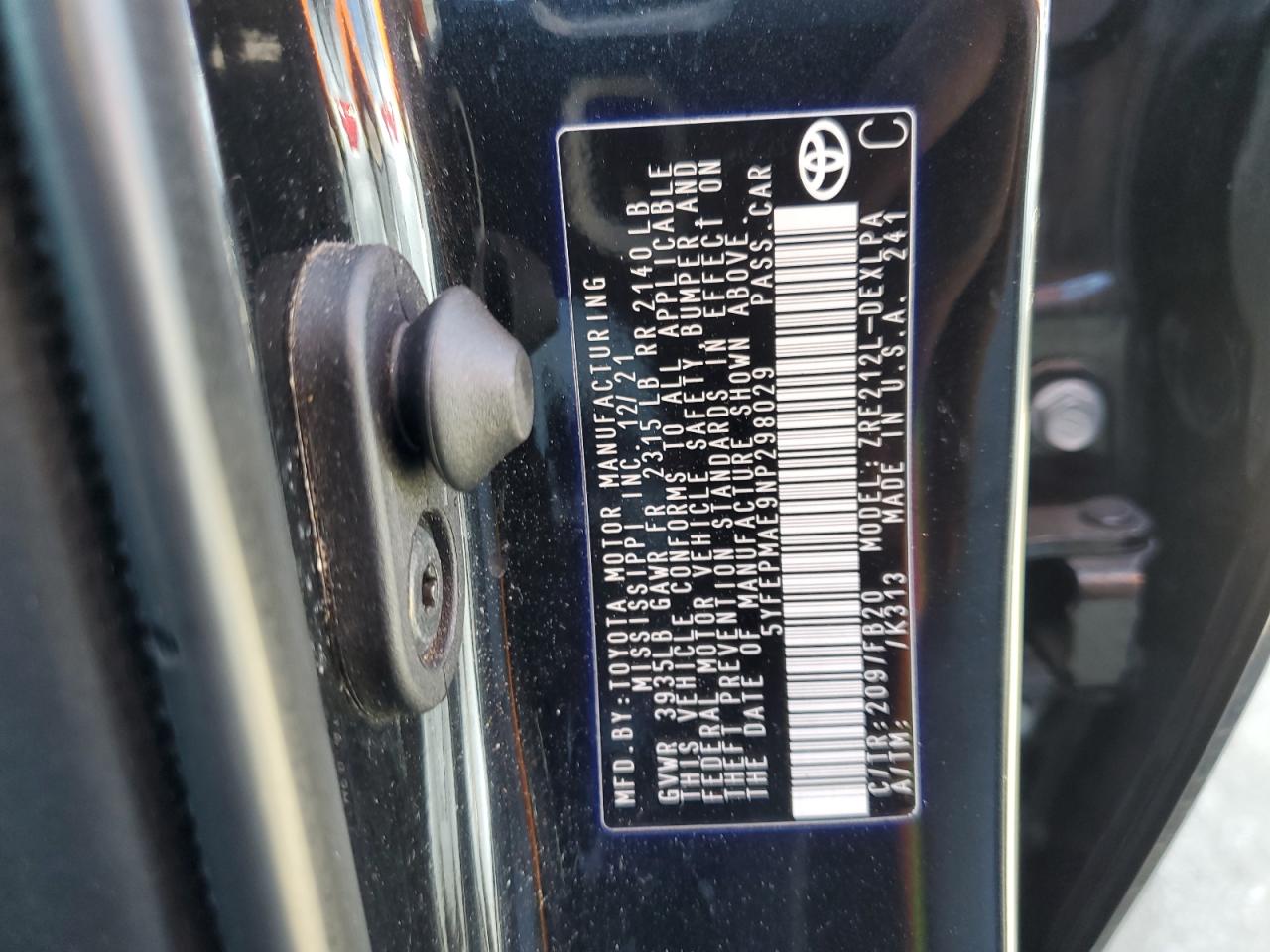 2022 TOYOTA COROLLA LE VIN:5YFEPMAE9NP298029