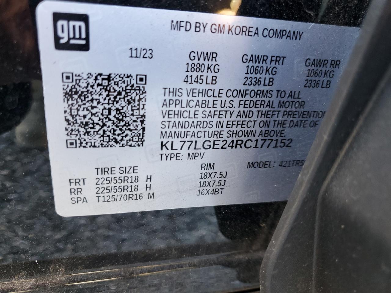 2024 CHEVROLET TRAX 1RS VIN:KL77LGE24RC177152