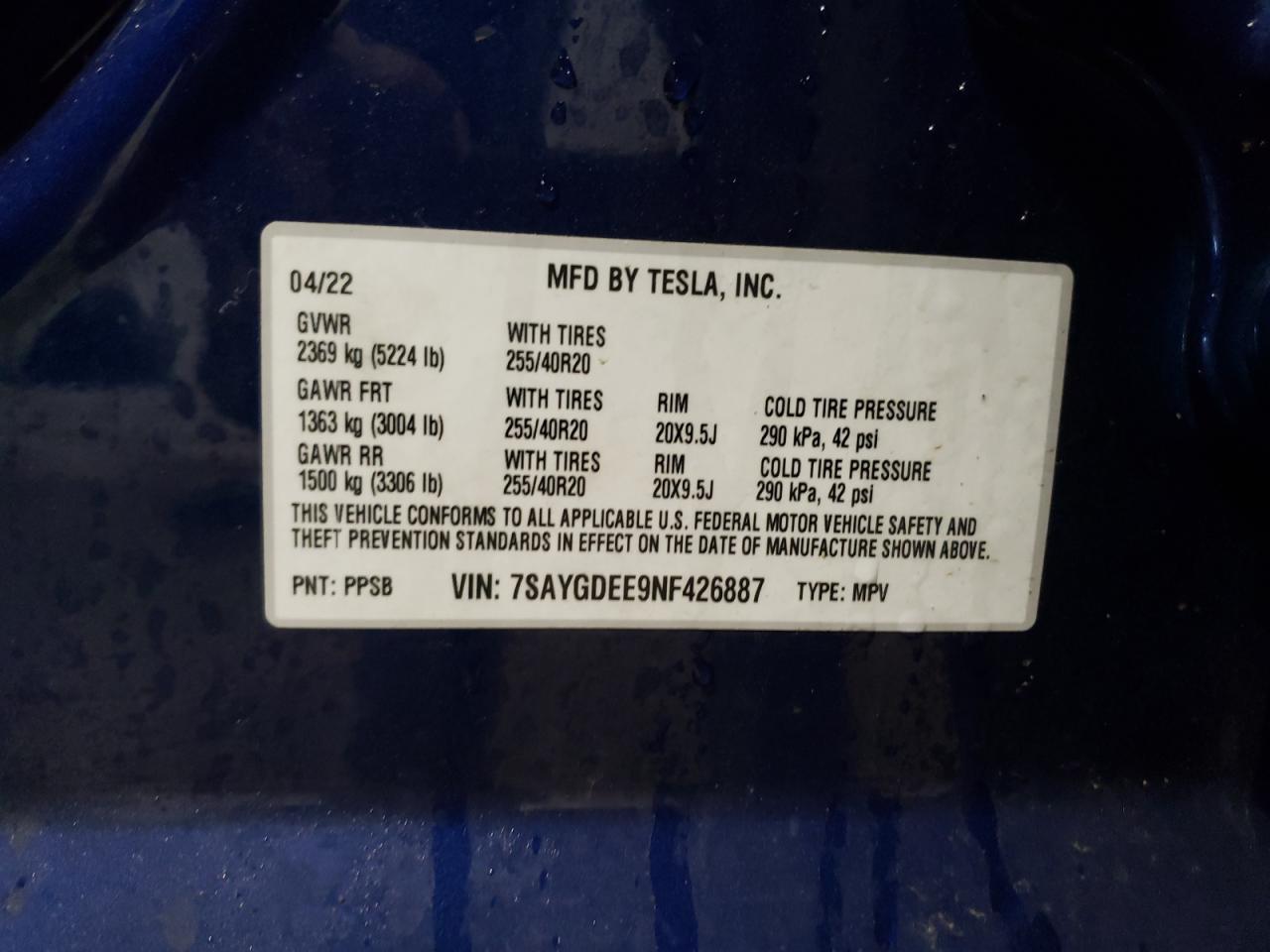 2022 TESLA MODEL Y VIN:7SAYGDEE9NF426887