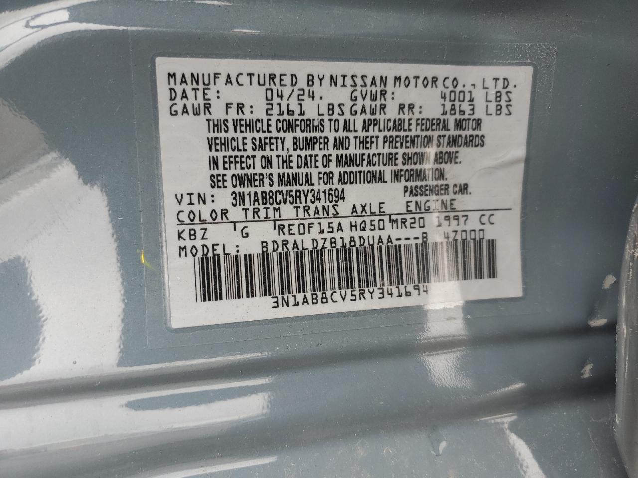 2024 NISSAN SENTRA SV VIN:3N1AB8CV5RY341694