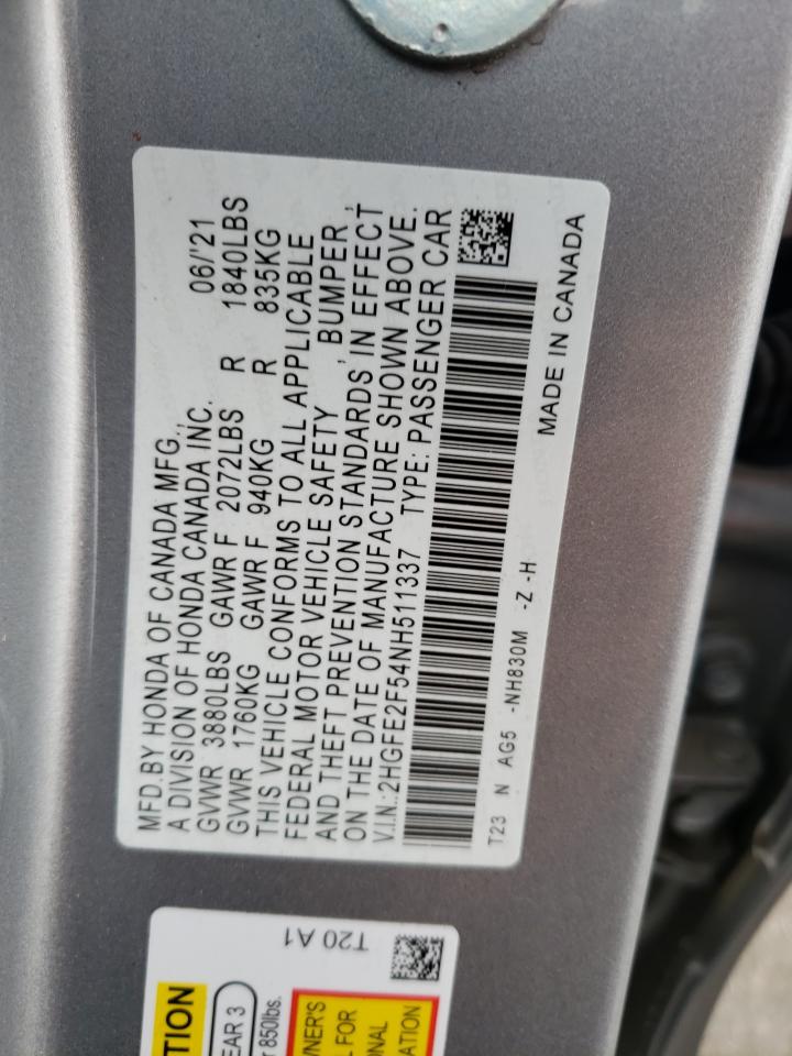 2022 HONDA CIVIC SPORT VIN:2HGFE2F54NH511337