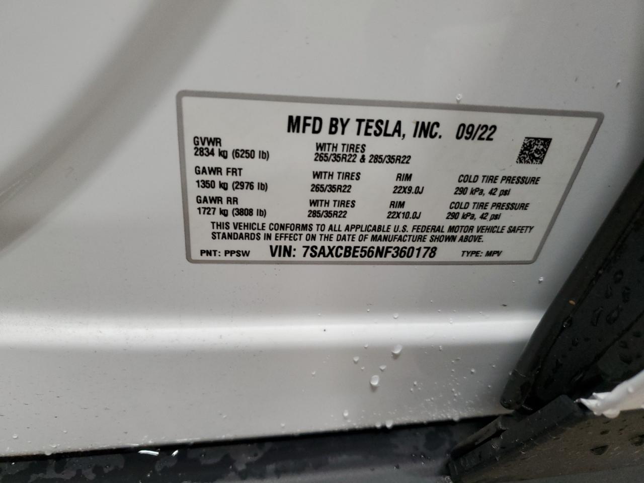 2022 TESLA MODEL X VIN:7SAXCBE56NF360178