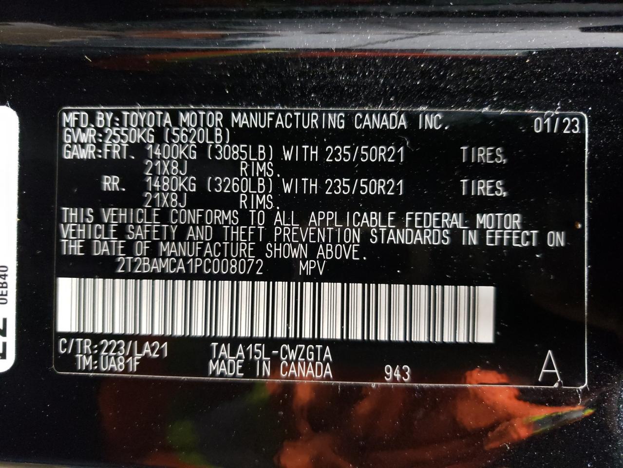 2023 LEXUS RX 350 BASE VIN:2T2BAMCA1PC008072