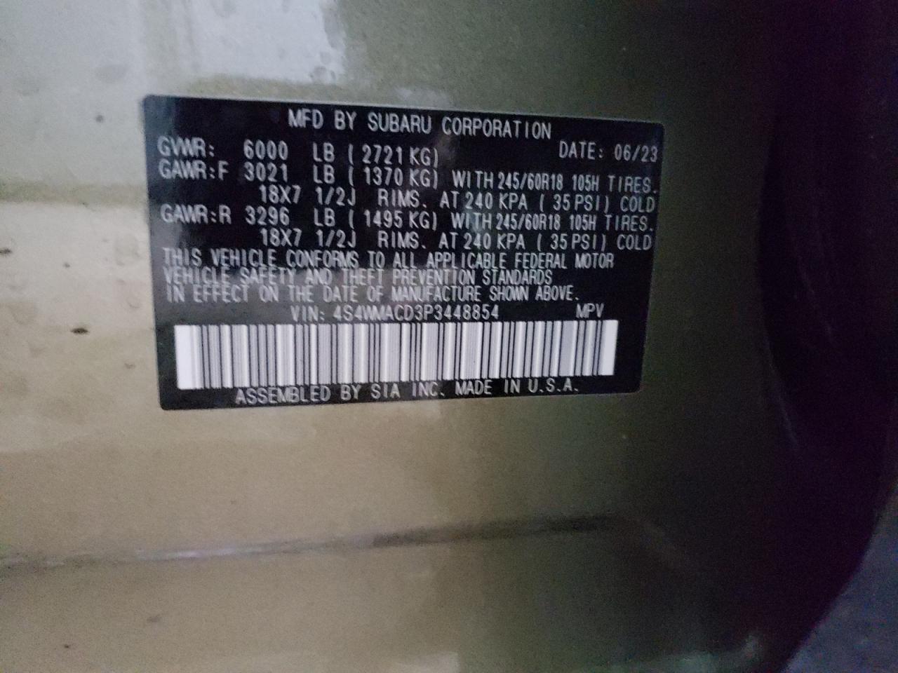 2023 SUBARU ASCENT PREMIUM VIN:4S4WMACD3P3448854