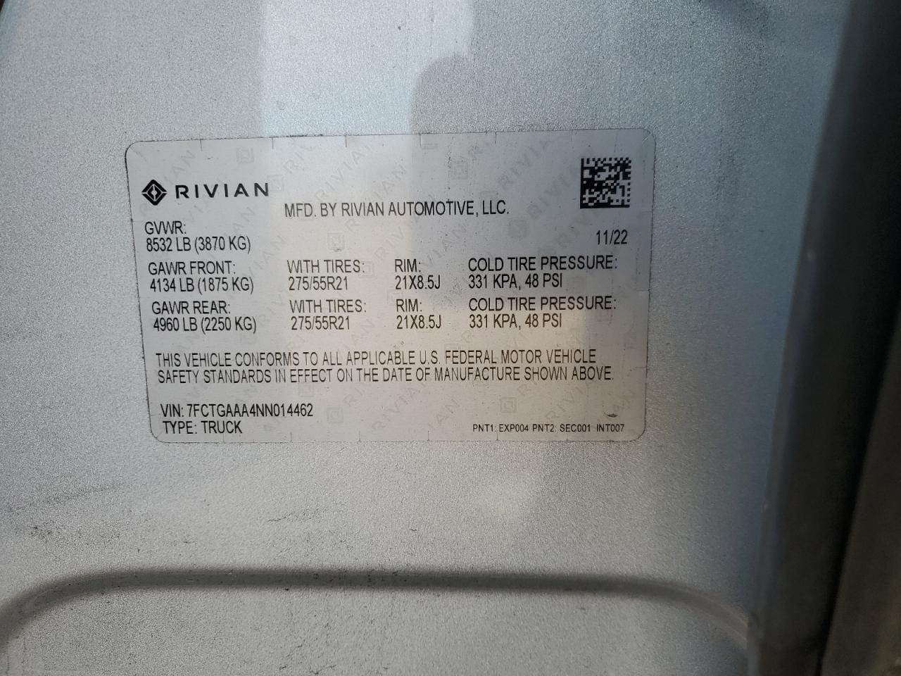 2022 RIVIAN R1T ADVENTURE VIN:7FCTGAAA4NN014462