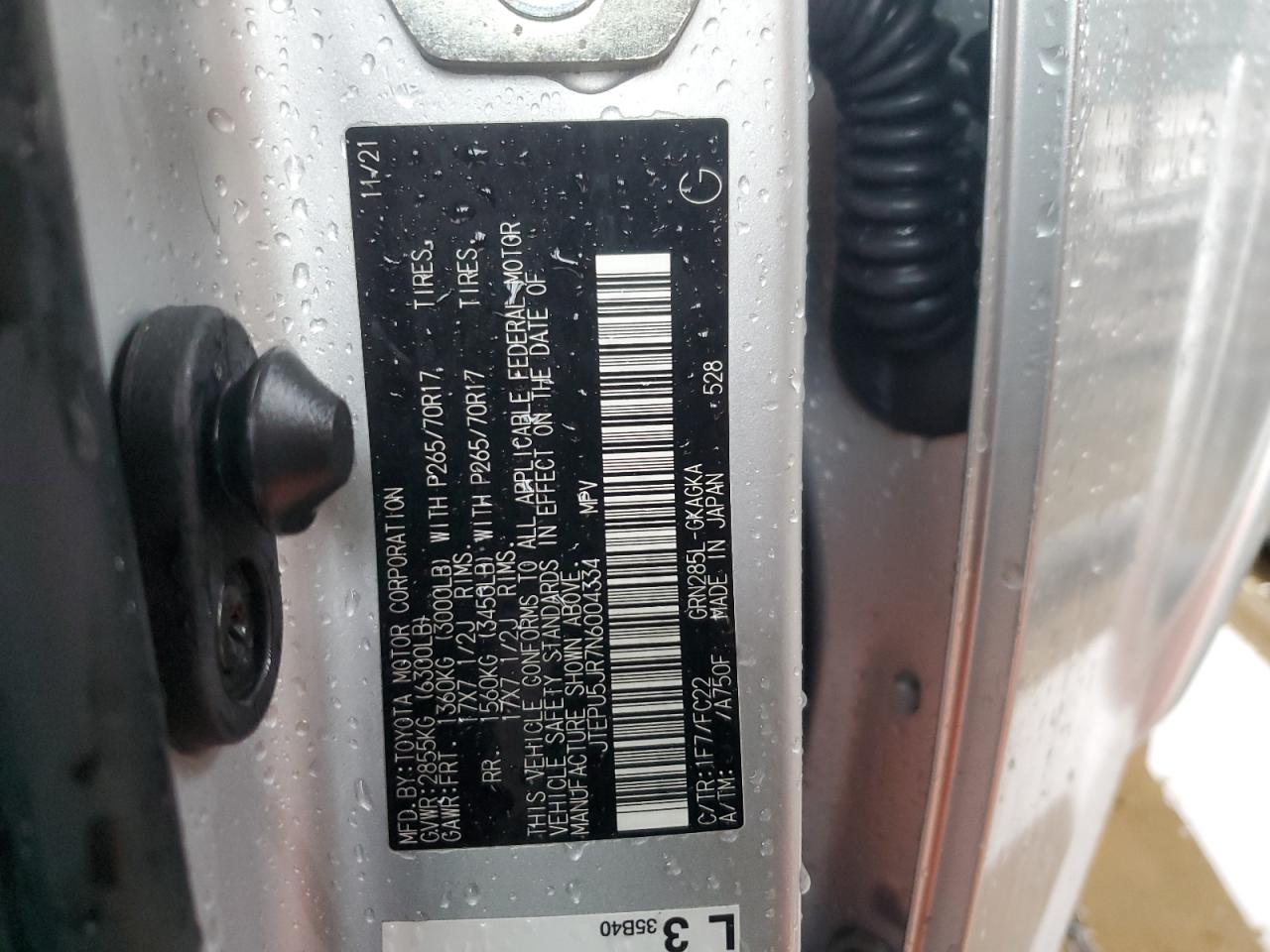 2022 TOYOTA 4RUNNER SR5/SR5 PREMIUM VIN:JTEPU5JR7N6004334