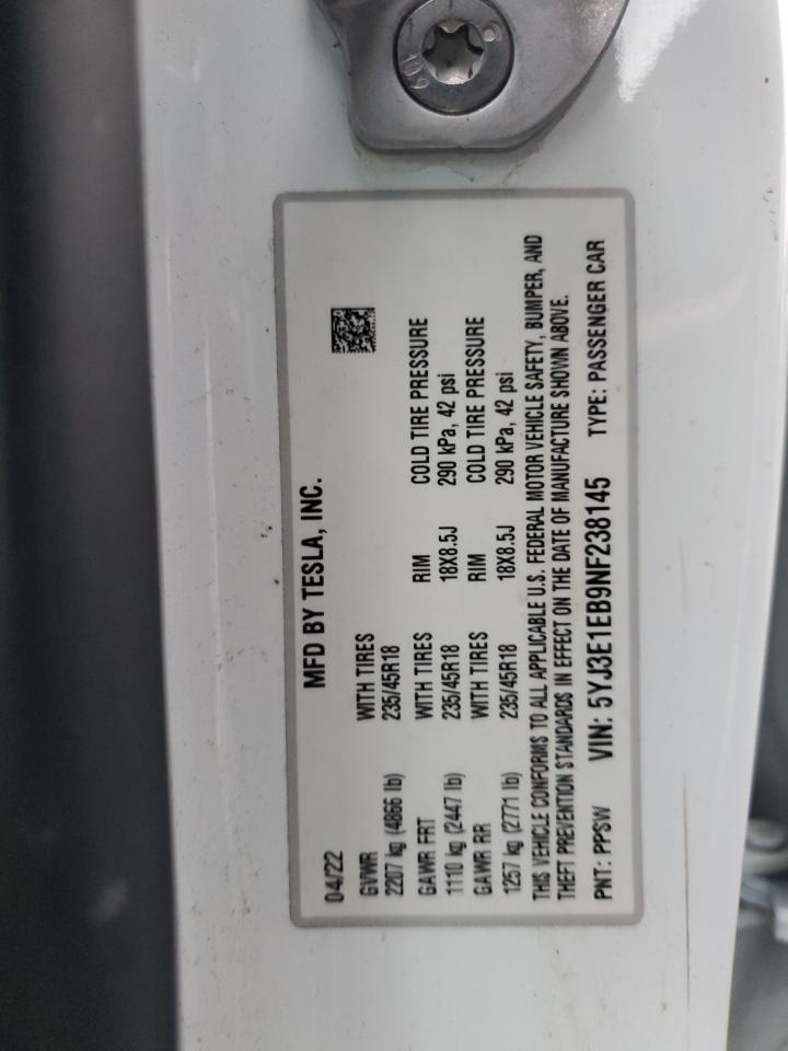 2022 TESLA MODEL 3 VIN:5YJ3E1EB9NF238145