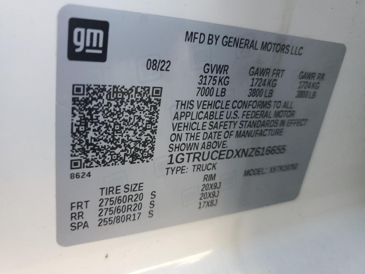 2022 GMC SIERRA K1500 ELEVATION VIN:1GTRUCEDXNZ616655