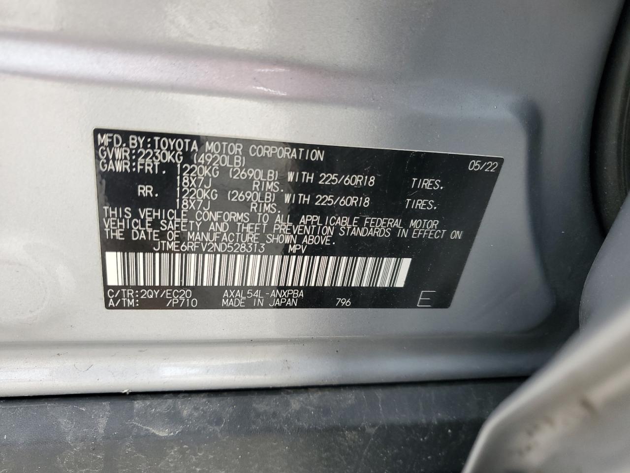 2022 TOYOTA RAV4 XSE VIN:JTME6RFV2ND528313