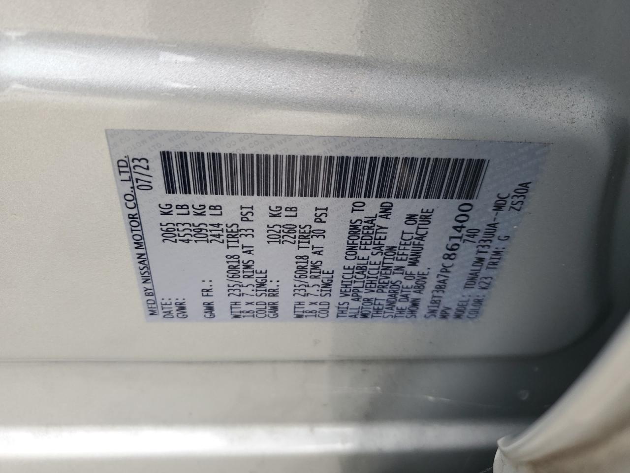2023 NISSAN ROGUE SV VIN:5N1BT3BA7PC861400