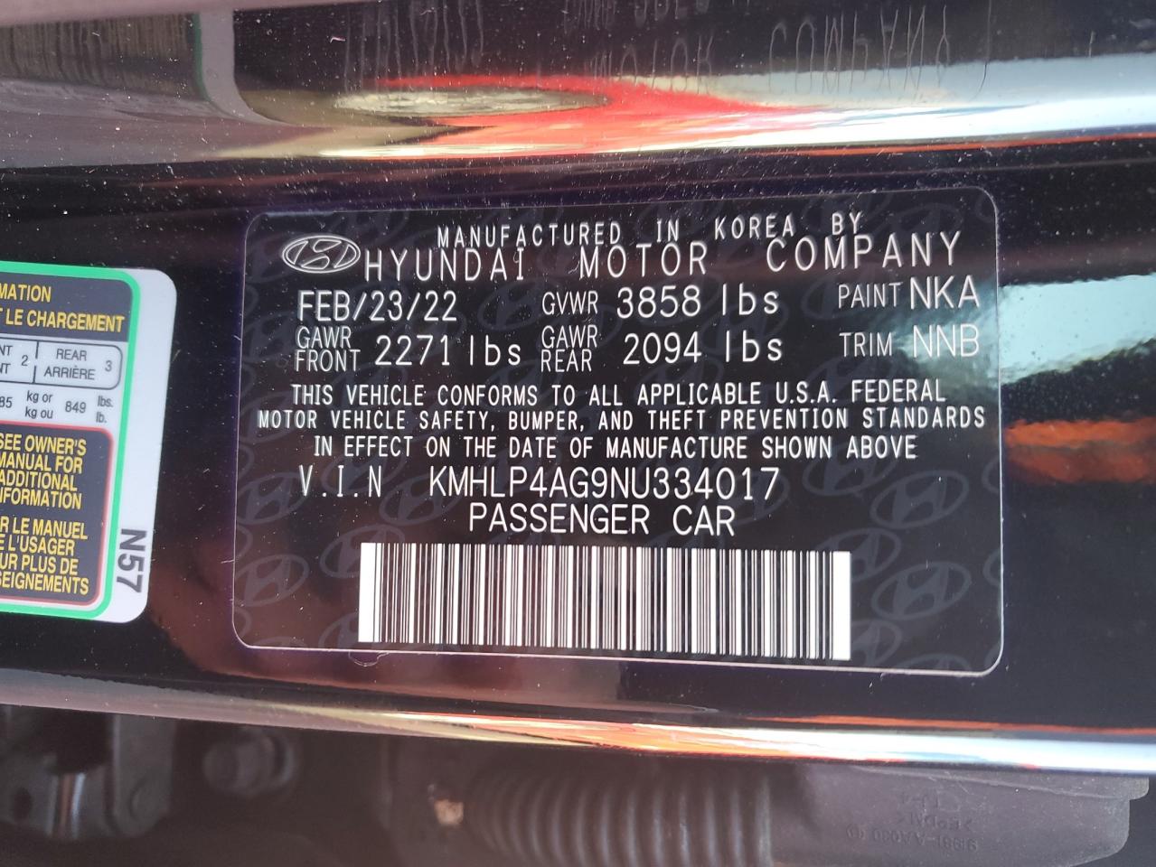 2022 HYUNDAI ELANTRA LIMITED VIN:KMHLP4AG9NU334017