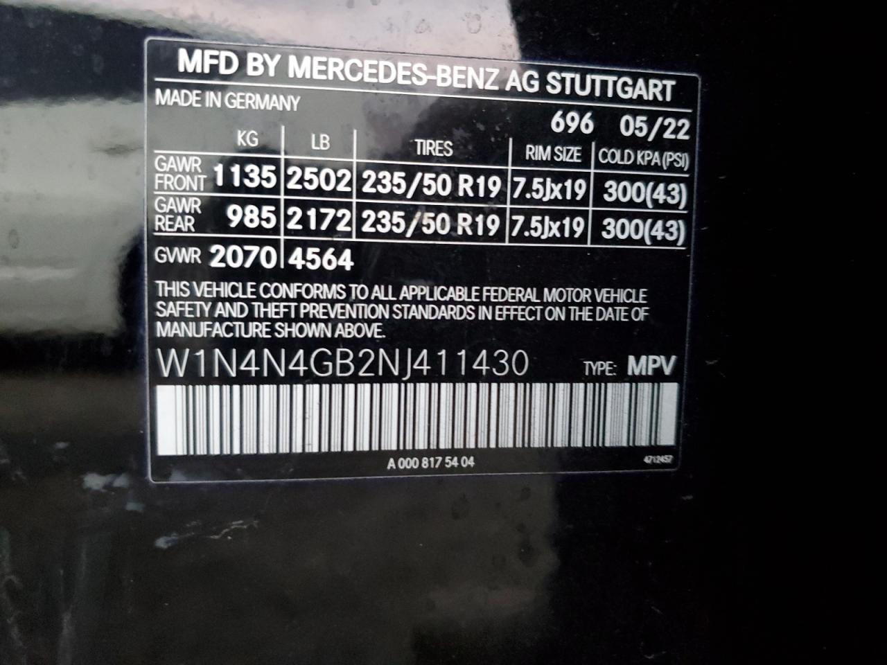 2022 MERCEDES-BENZ GLA 250 VIN:W1N4N4GB2NJ411430