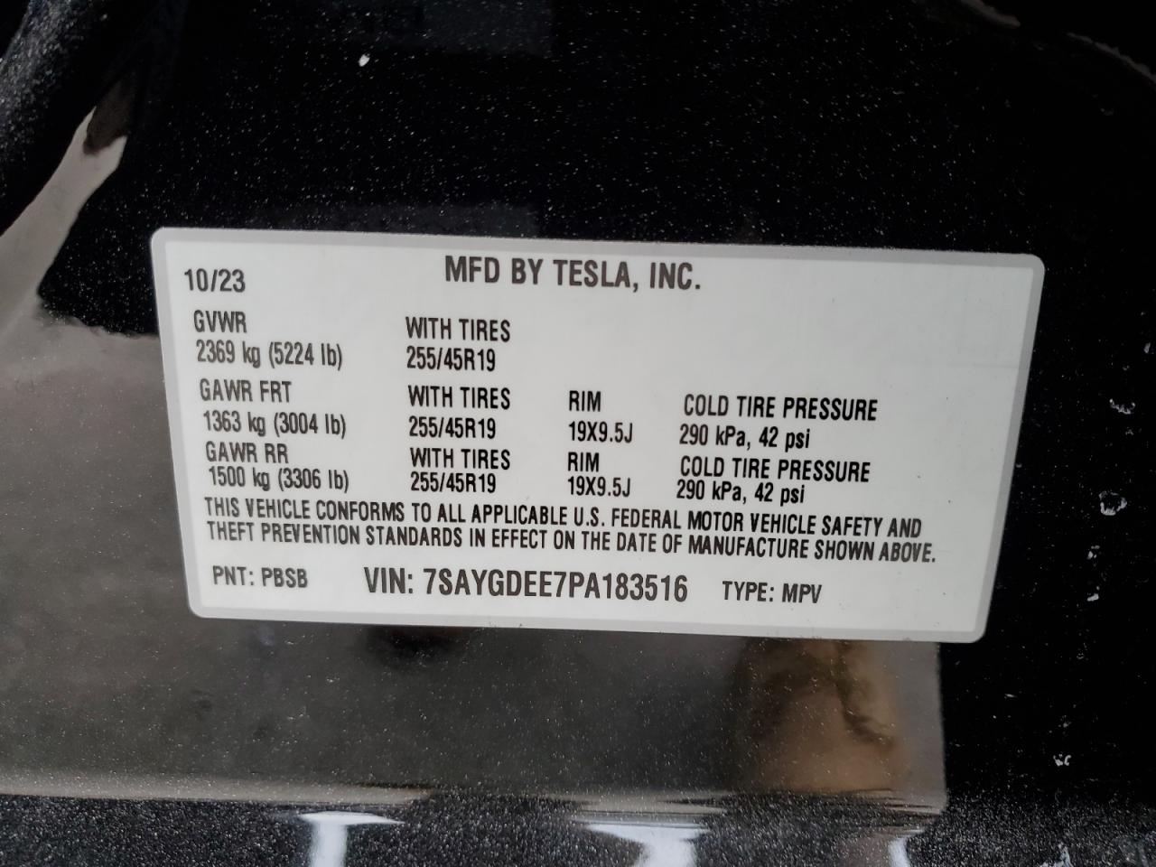 2023 TESLA MODEL Y VIN:7SAYGDEE7PA183516