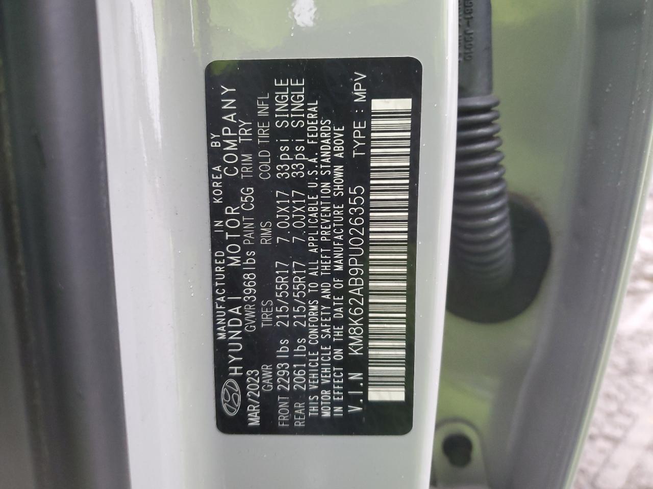 2023 HYUNDAI KONA SEL VIN:KM8K62AB9PU026355