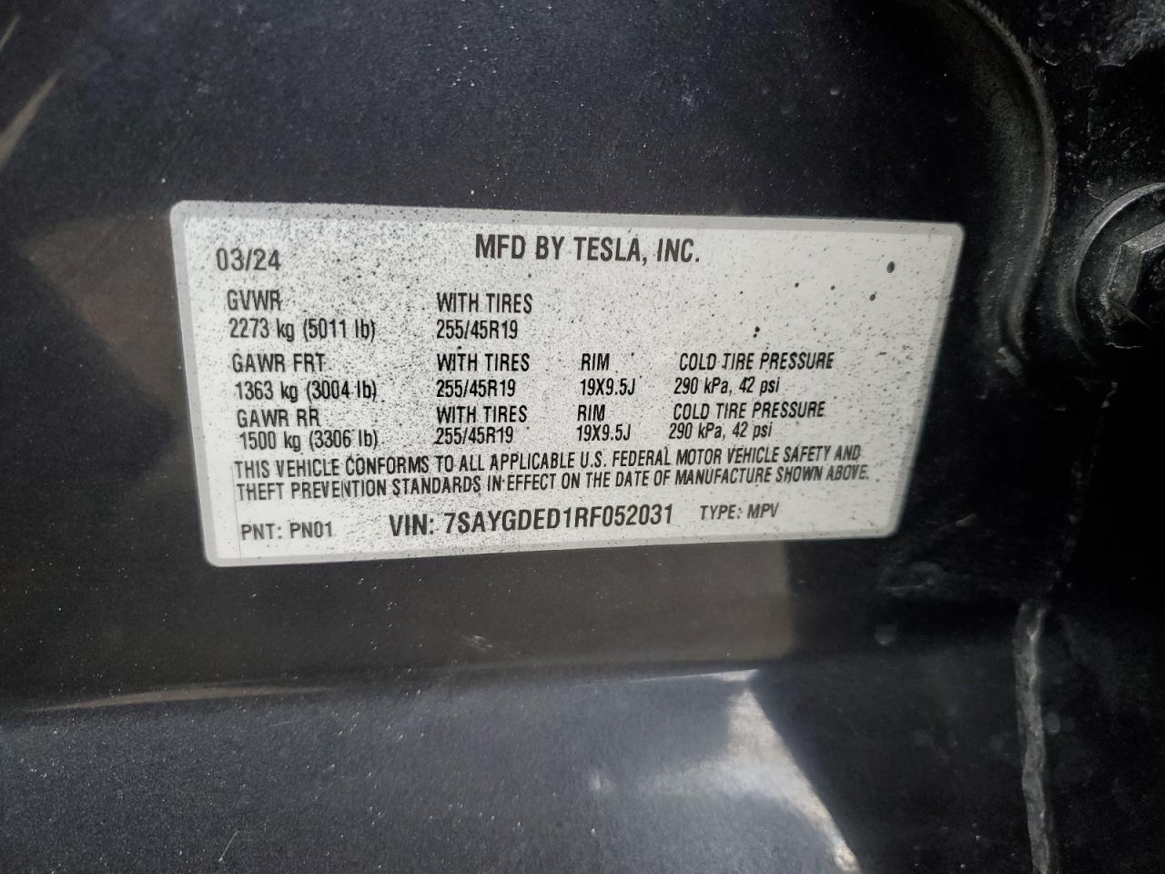 2024 TESLA MODEL Y VIN:7SAYGDED1RF052031