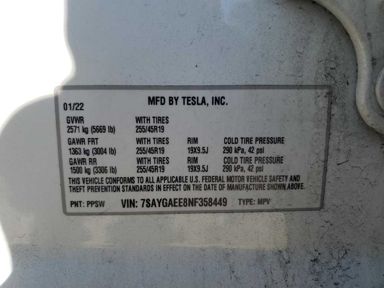 2022 TESLA MODEL Y VIN:7SAYGAEE8NF358449