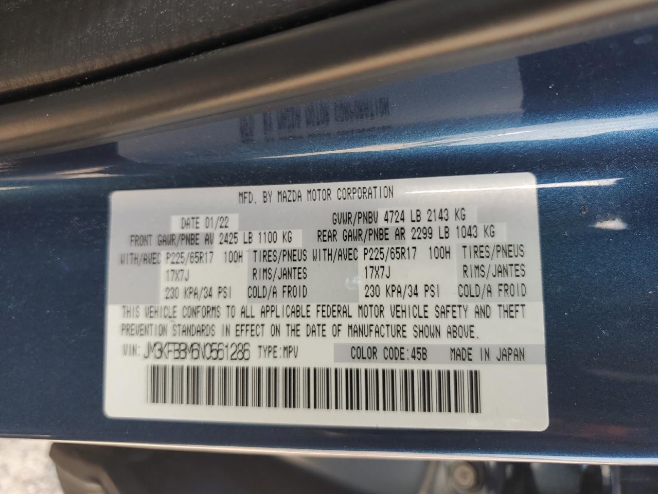 2022 MAZDA CX-5 SELECT VIN:JM3KFBBM6N0561286