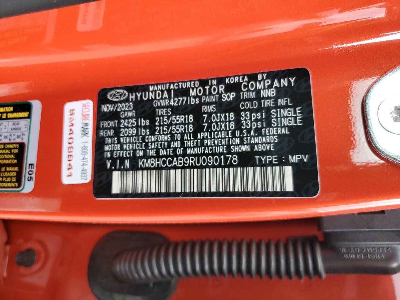 2024 HYUNDAI KONA SEL VIN:KM8HCCAB9RU090178