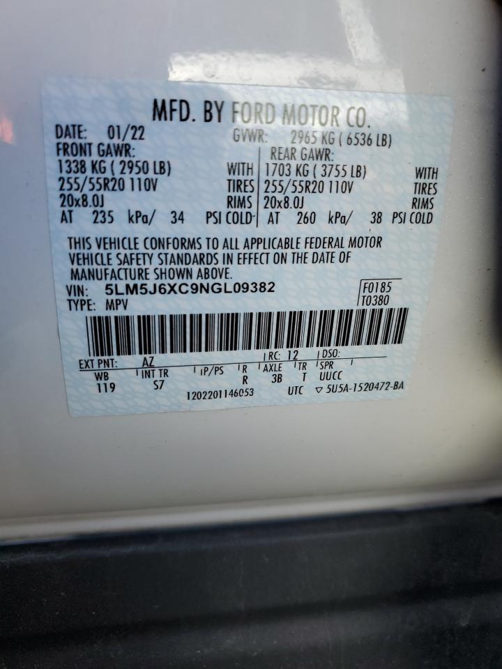 2022 LINCOLN AVIATOR VIN:5LM5J6XC9NGL09382