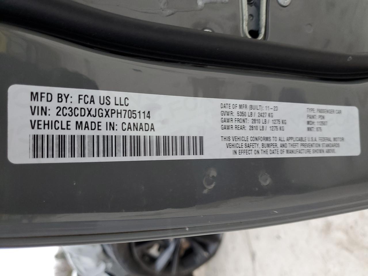 2023 DODGE CHARGER SXT VIN:2C3CDXJGXPH705114