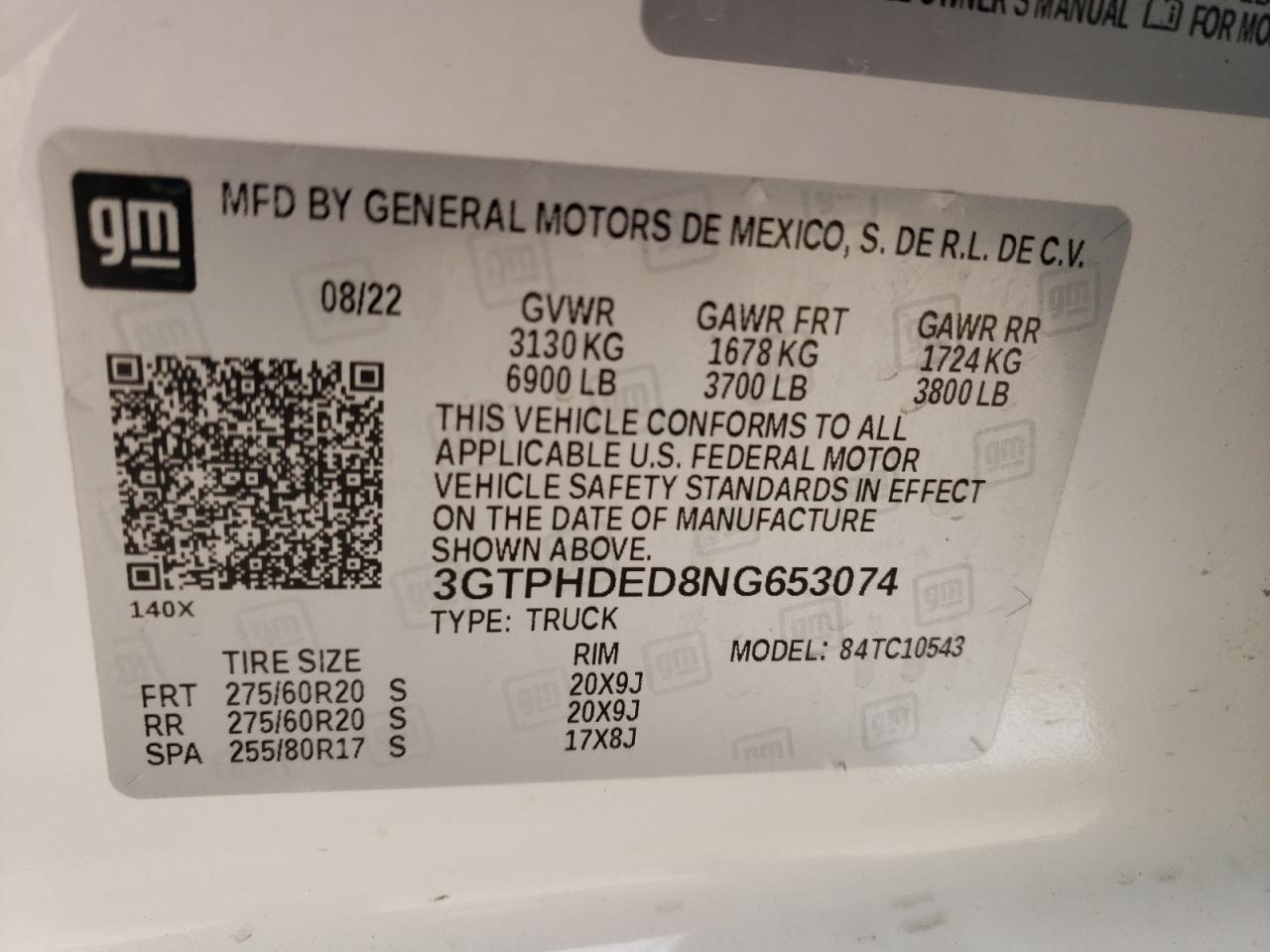 2022 GMC SIERRA C1500 SLT VIN:3GTPHDED8NG653074
